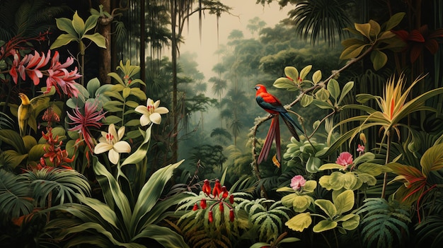 a painting of a tropical forest with a bird on the top of it