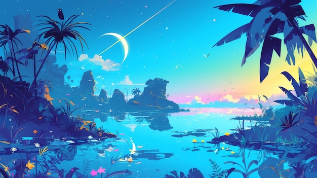 a painting of a tropical island with a moon and palm trees