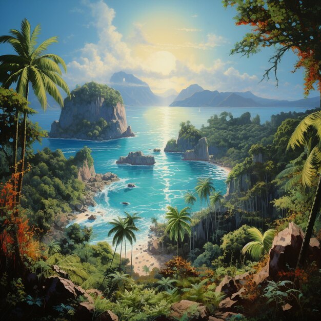 painting of a tropical island with palm trees and a beach generative ai