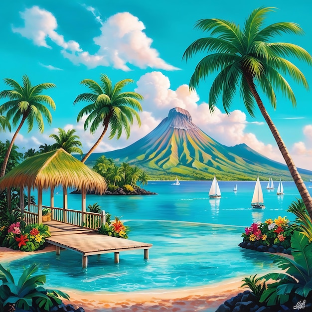 a painting of a tropical island with palm trees and a beach scene