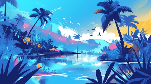 a painting of a tropical island with palm trees and a lake in the background