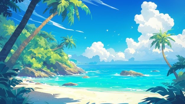 a painting of a tropical island with palm trees and the ocean in the background