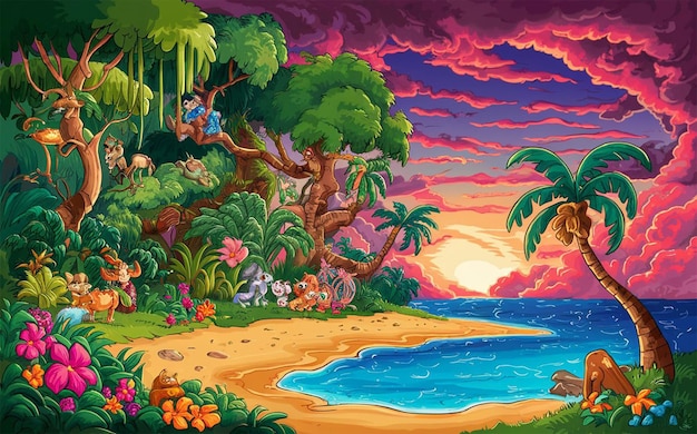 a painting of a tropical island with a sunset and a beach