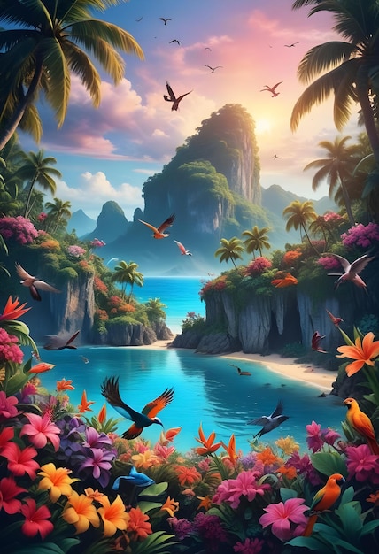 a painting of a tropical island with tropical flowers and birds