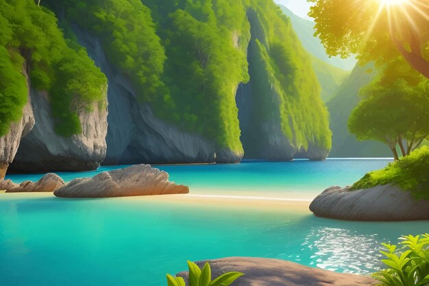 a painting of a tropical island with a tropical island in the background