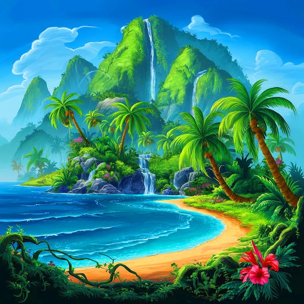 Photo a painting of a tropical island with a waterfall and a beach scene