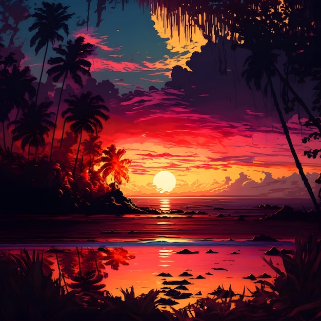 A painting of a tropical landscape with a sunset and palm trees.