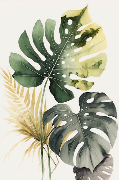 Painting of tropical leaves on a white background generative ai