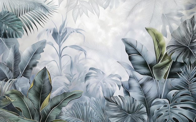 a painting of a tropical plant with green leaves