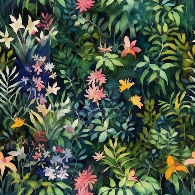 A painting of tropical plants with flowers and butterflies.