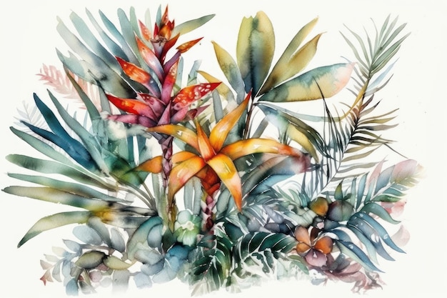 A painting of tropical plants with flowers and leaves.