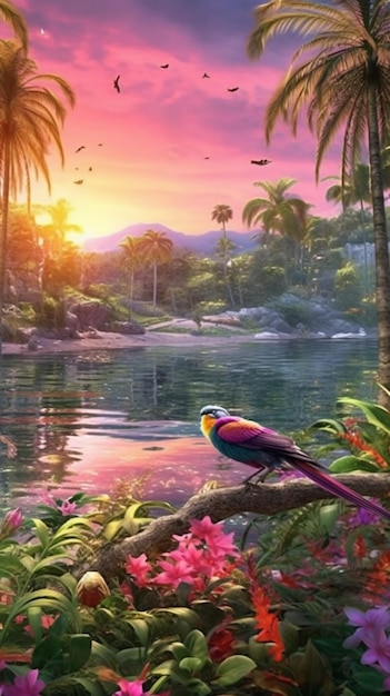 Painting of a tropical scene with a bird sitting on a branch generative ai