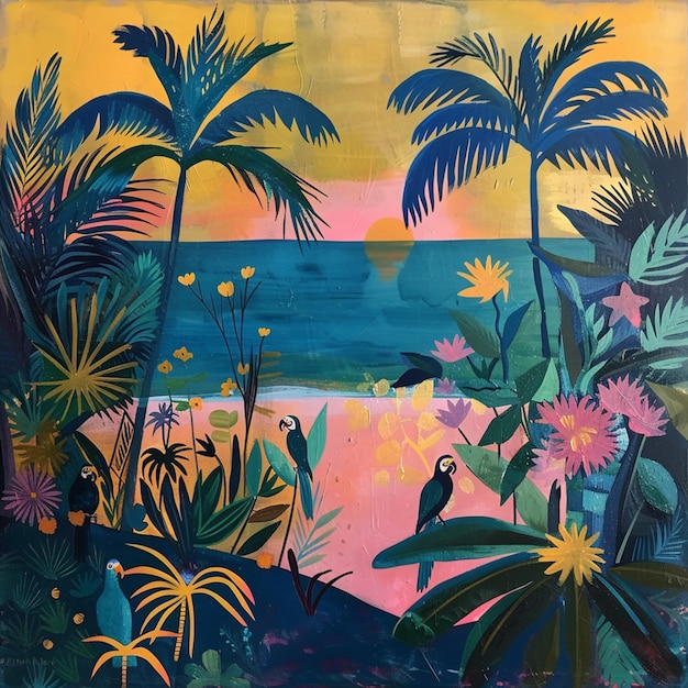 painting of a tropical scene with birds and flowers on a beach generative ai