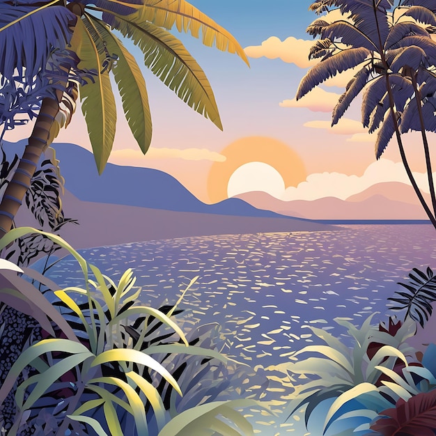 Photo a painting of a tropical scene with a palm tree and the sun in the background