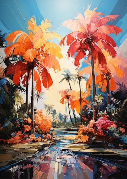 Painting of a tropical scene with palm trees and a pool generative ai