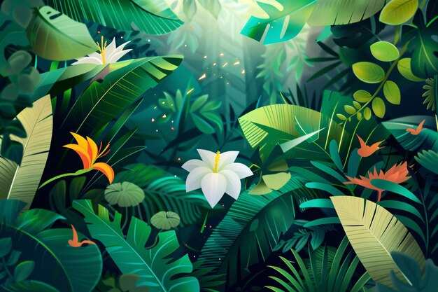 a painting of a tropical scene with tropical plants and flowersDense forest flora illustration int