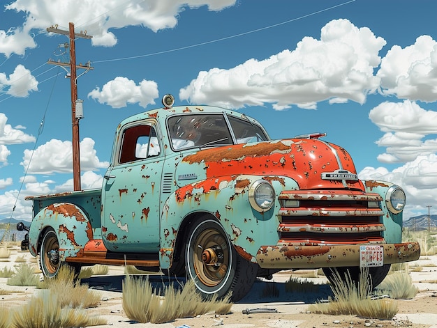 Photo a painting of a truck with a car that says  rust