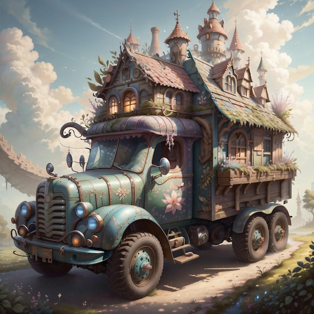 A painting of a truck with a house on the roof.