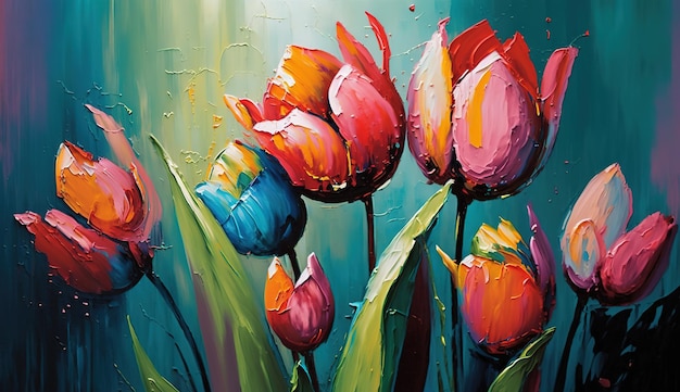 A painting of tulips in blue, red, and yellow.