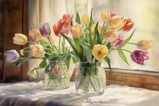 A painting of tulips by the window