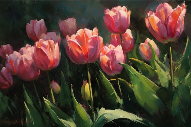 A painting of tulips in a garden with the word tulips on the bottom.