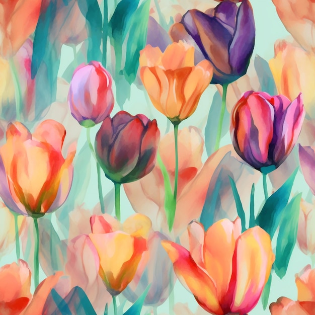 A painting of tulips in purple blue and yellow