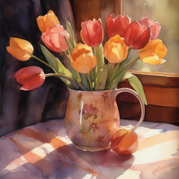 A painting of tulips in a vase on a table.