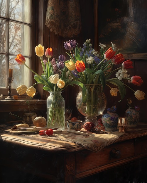 A painting of tulips in a vase with a window behind them.