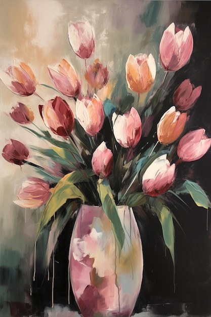 A painting of tulips in a vase