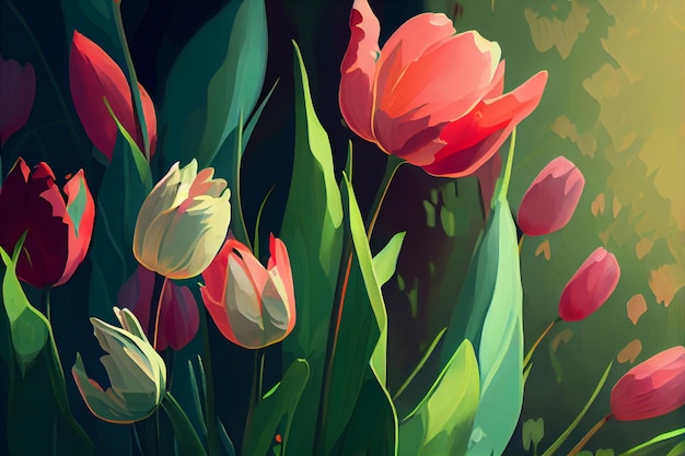 A painting of tulips with green leaves and the word tulips on it.