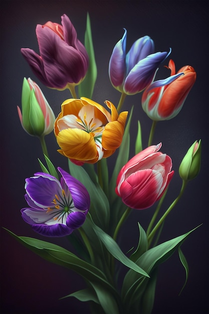 A painting of tulips with the word tulips on it.