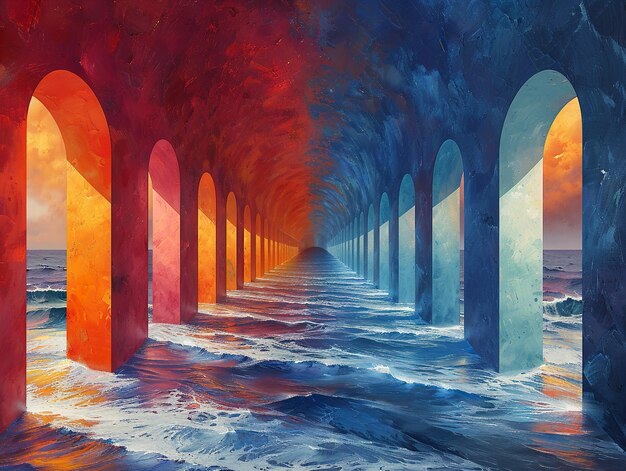 a painting of a tunnel that has a wave in it