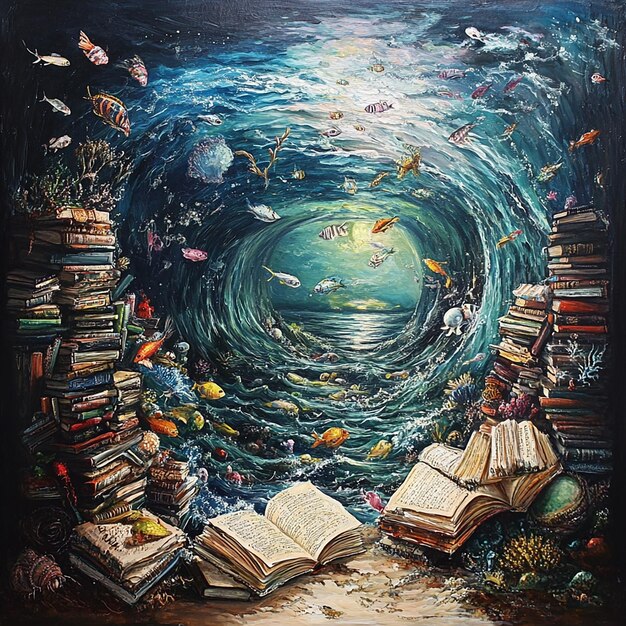 Photo a painting of a tunnel with books and the word fish on it