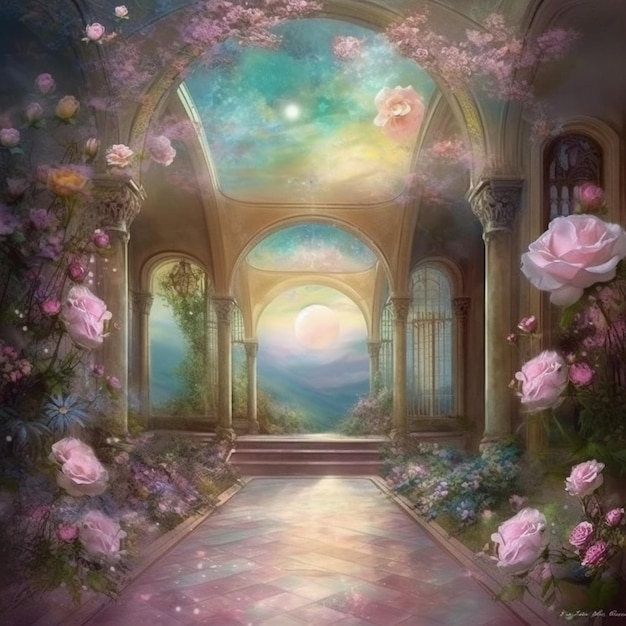 A painting of a tunnel with roses on it.