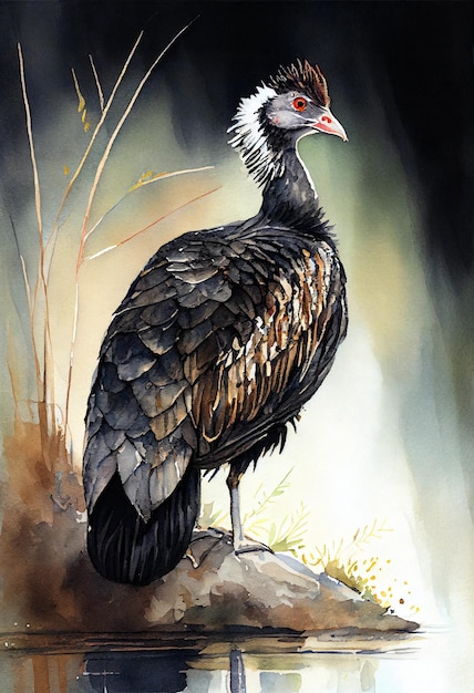 A painting of a turkey with a black head and red eyes.