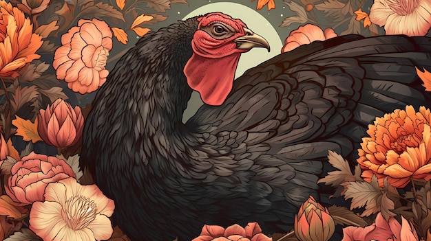 A painting of a turkey with leaves and the words'the turkey '