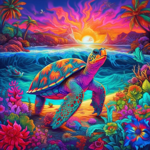 a painting of a turtle on a beach with a sunset in the background generative ai