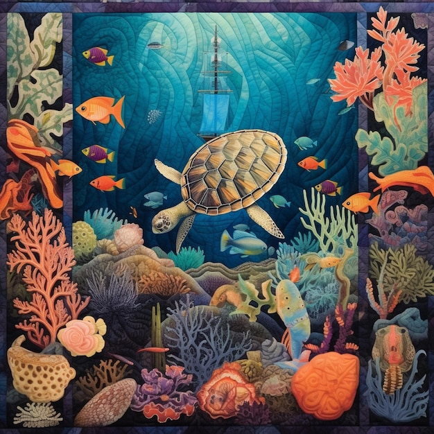 Painting of a turtle swimming in a sea with corals and other fish generative ai