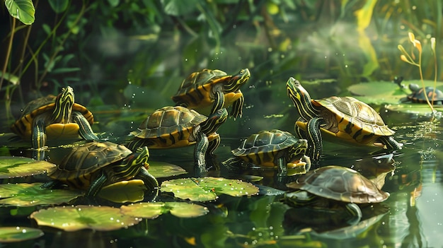 a painting of turtles swimming in a pond with water lilies