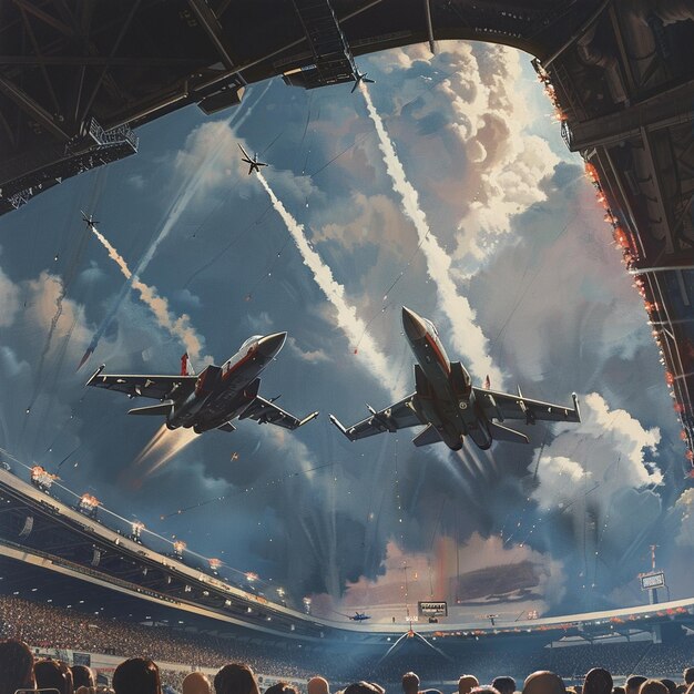 Photo a painting of two airplanes in a stadium with the words air force