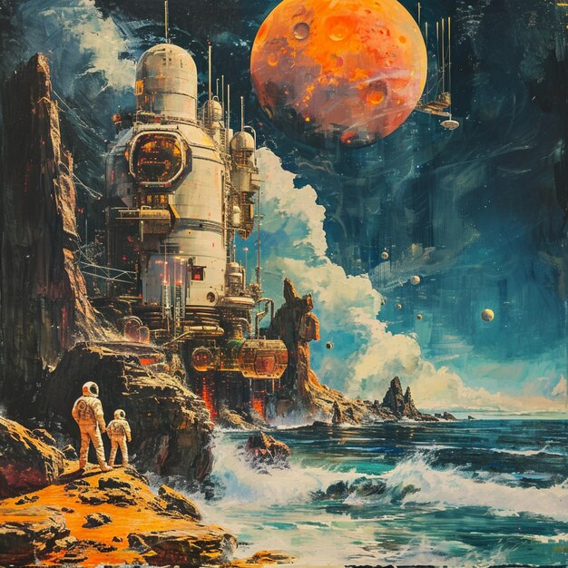 painting of two astronauts standing on a cliff overlooking a distant planet generative ai