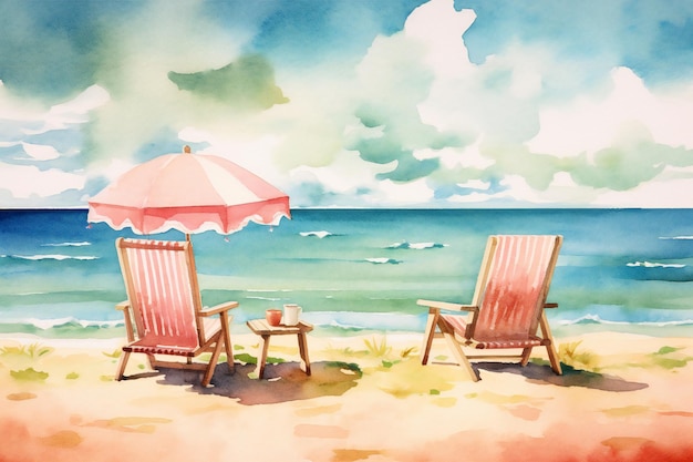 A painting of two beach chairs on a beach with a parasol and a coffee cup in the background