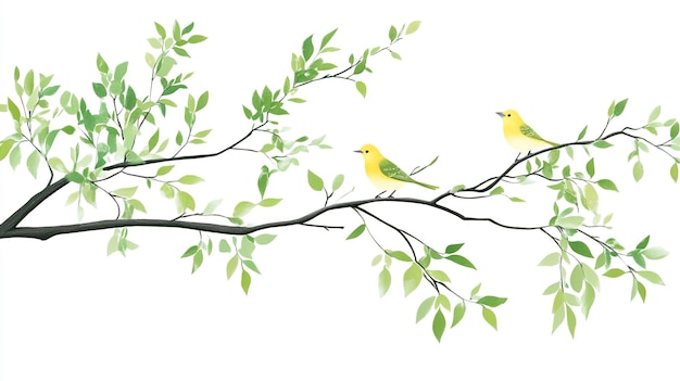 Photo a painting of two birds on a branch with leaves