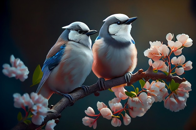 A painting of two birds on a branch with pink flowers.