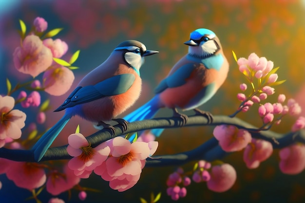 A painting of two birds on a branch with pink flowers.