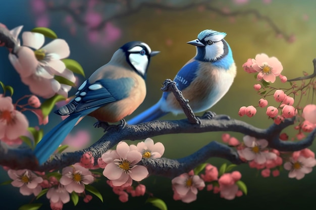 A painting of two birds on a branch with pink flowers.