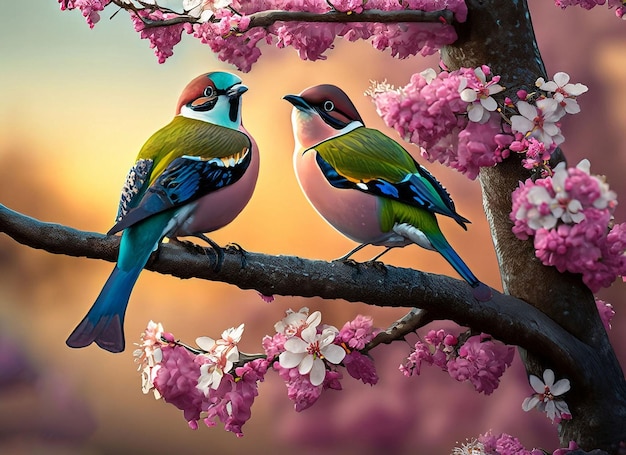 A painting of two birds on a branch