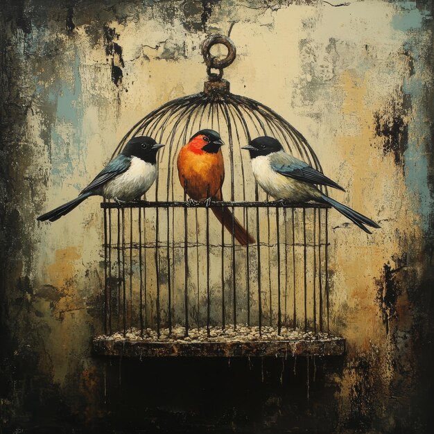 Photo a painting of two birds in a cage with one being held up by a bird in it