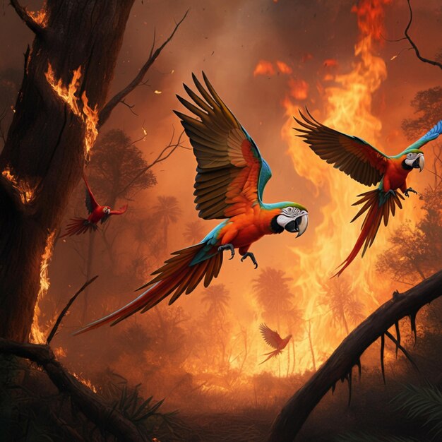 Photo a painting of two birds flying in front of a fire that has flames in the background