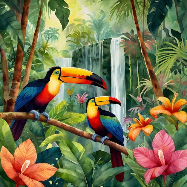 a painting of two birds in the jungle with tropical plants and flowers